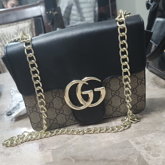 Gucci Black and Brown Crossbody Bag with Gold Chain